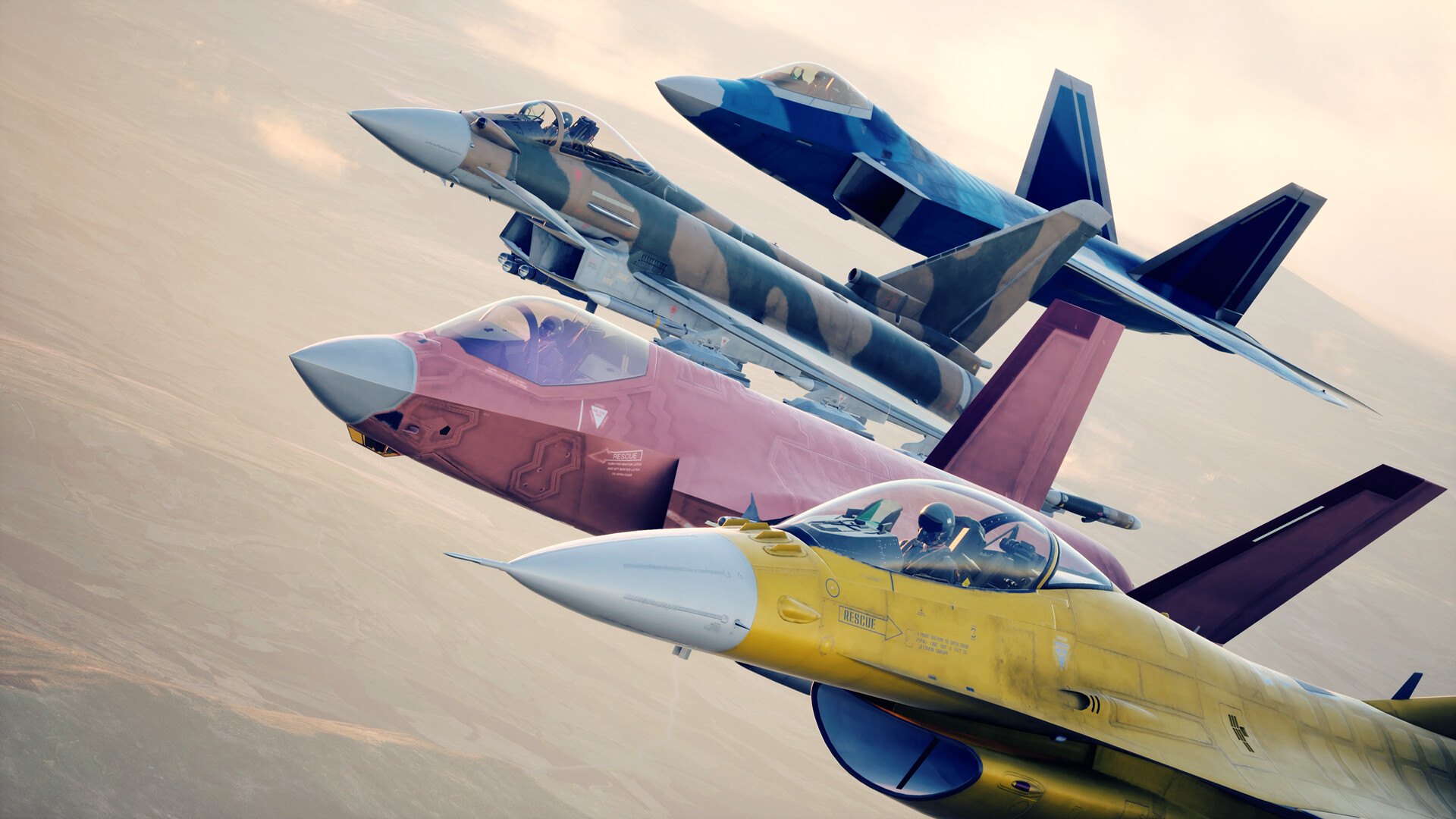 Bốn chiến đấu cơ sơn màu bay đội hình lúc hoàng hôn trong Ace Combat 8