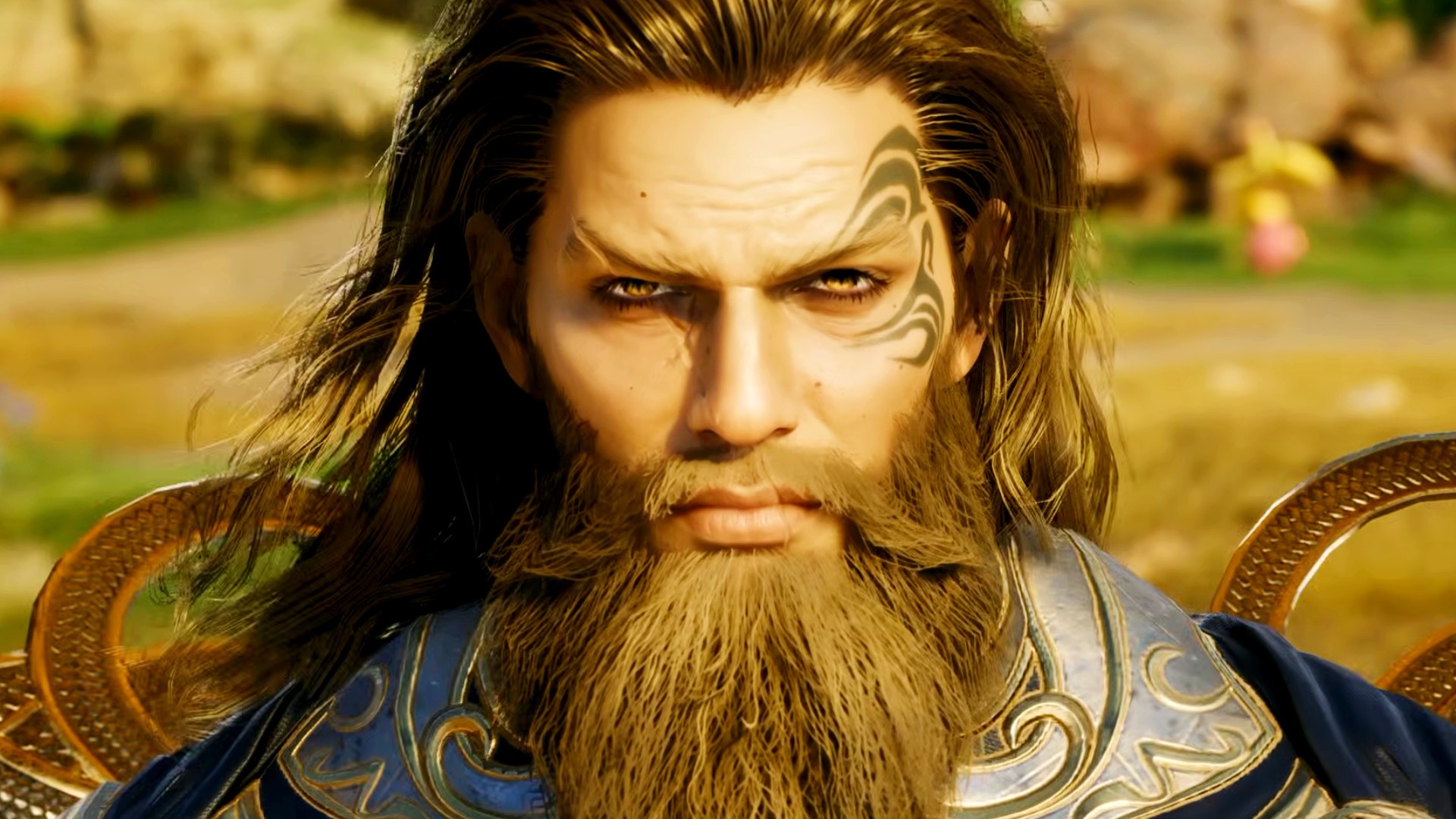 Close-up of a bearded male character with a facial tattoo in AION 2