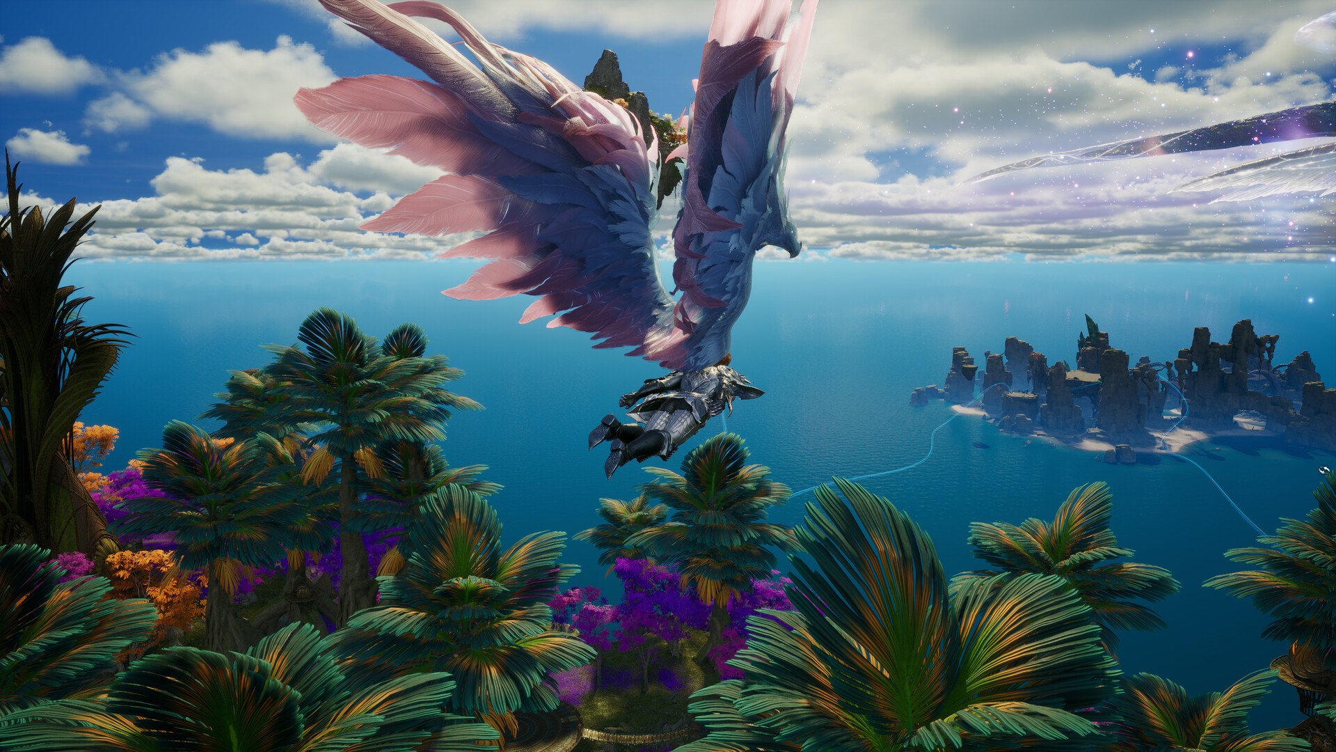 A character riding a winged mount over a blue sea in AION 2