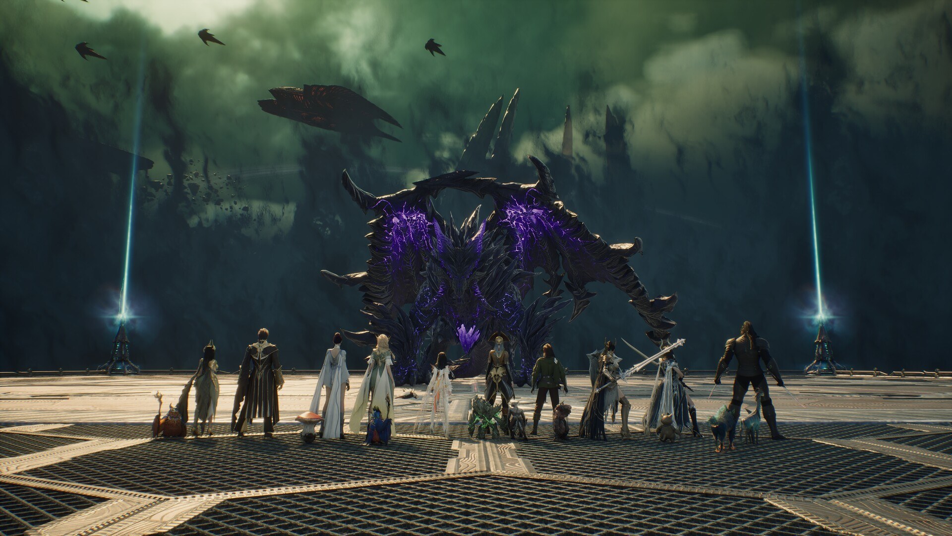 A party of players facing a giant purple boss in AION 2