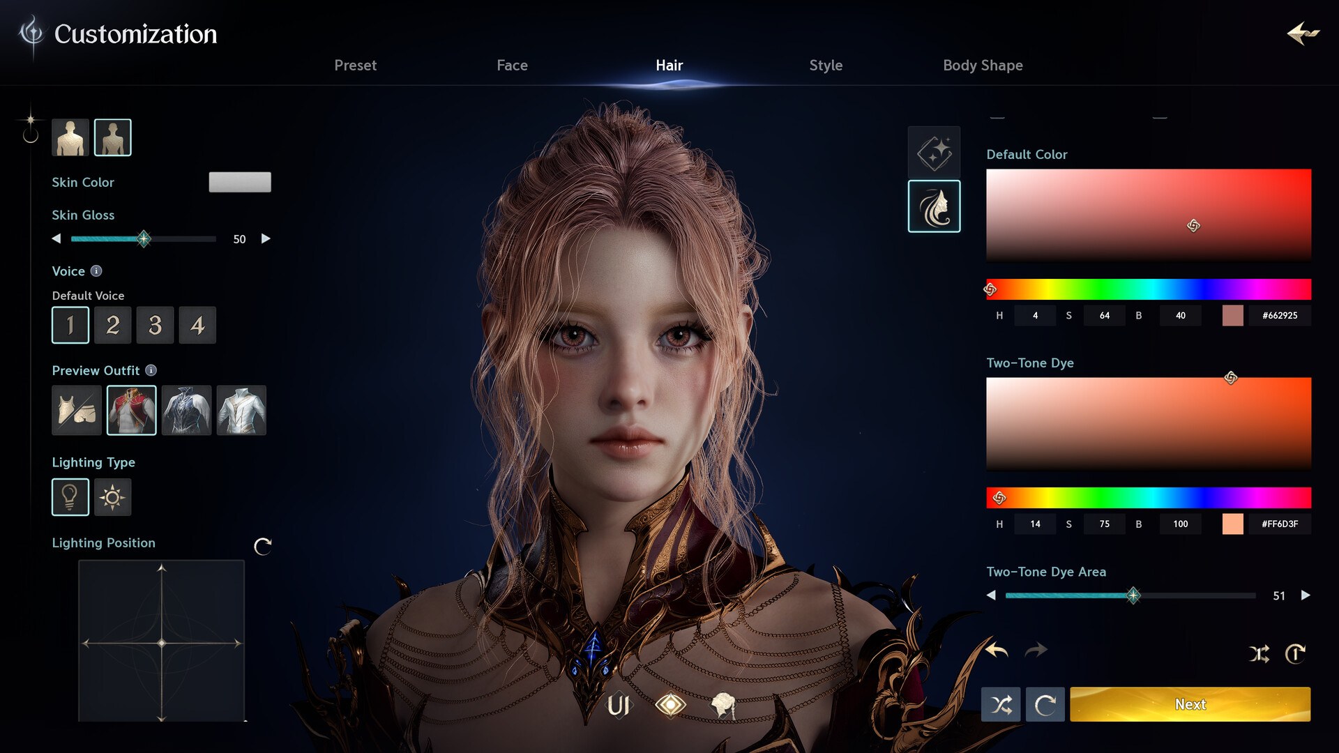 The detailed character creator in AION 2 showing a pink-haired female face