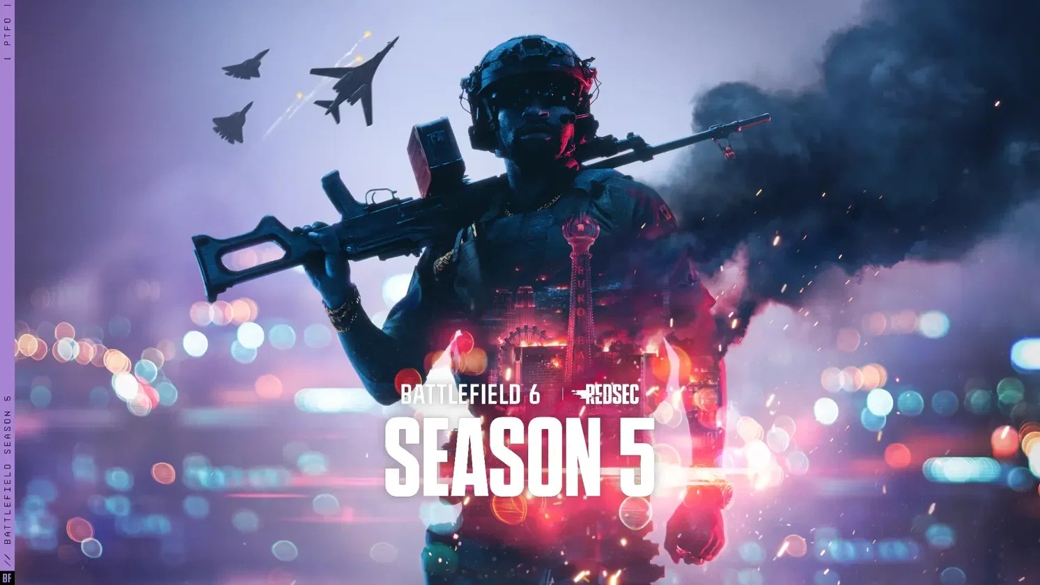 Hình quảng bá Battlefield 6 Season 5 với người lính vác súng máy trước thành phố Las Vegas