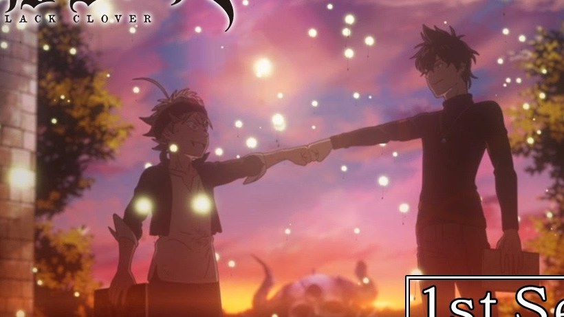 Young Asta and Yuno touching fists at sunset in the Black Clover anime