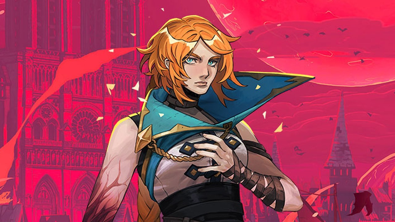 Rose Belmont tóc cam áo choàng xanh lam trước nhà thờ Đức Bà Paris dưới trăng đỏ