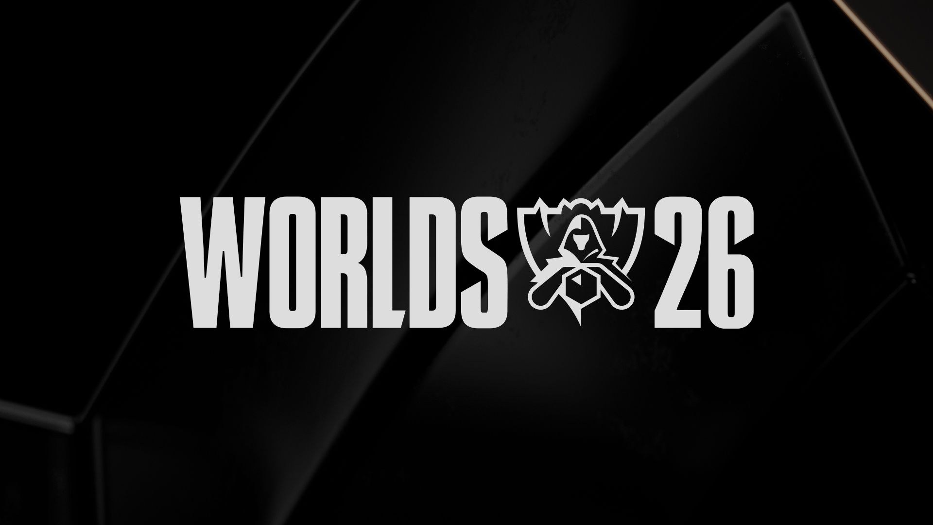 Biểu trưng Worlds 26 màu trắng trên nền đen