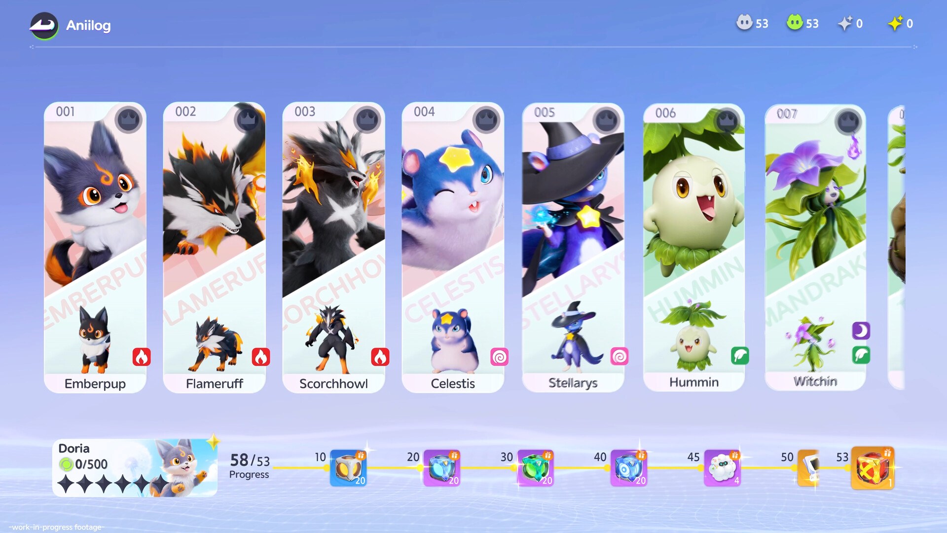 The Aniilog in Aniimo listing creatures including Emberpup, Flameruff, Scorchhowl, Celestis, Stellarys, Hummin and Witchin