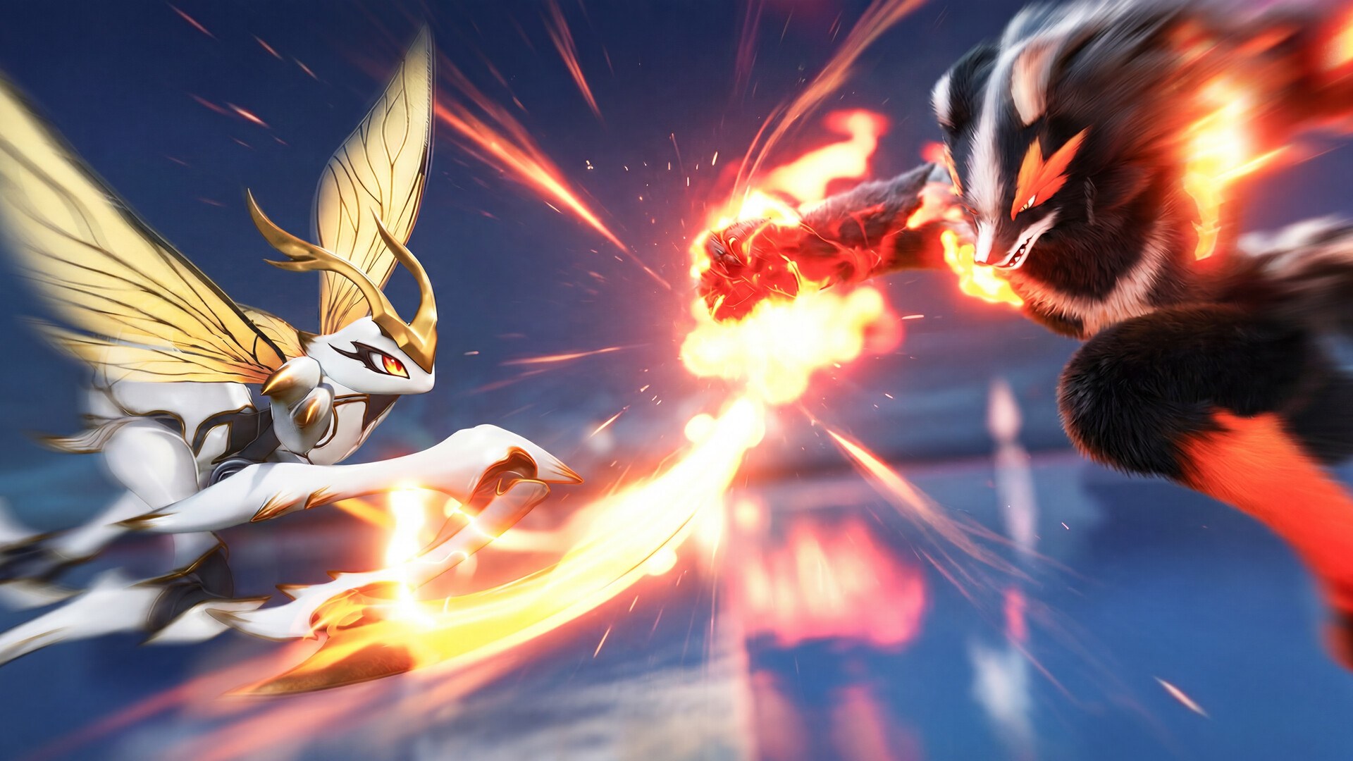 Two Aniimo clashing, one unleashing a fire attack, in Aniimo