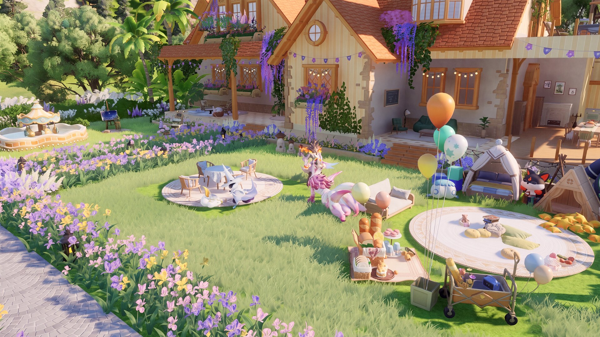 A home garden with an outdoor party table and Aniimo playing in Aniimo