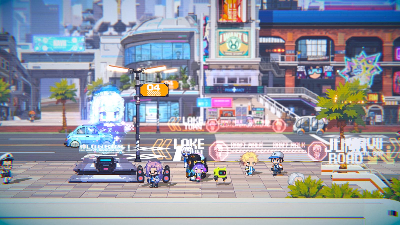 Khu phố cyberpunk pixel 2.5D trong game Dynamite Blue