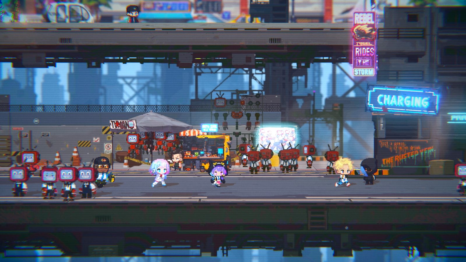 Đám đông robot và nhân vật trên đường phố cyberpunk trong Dynamite Blue