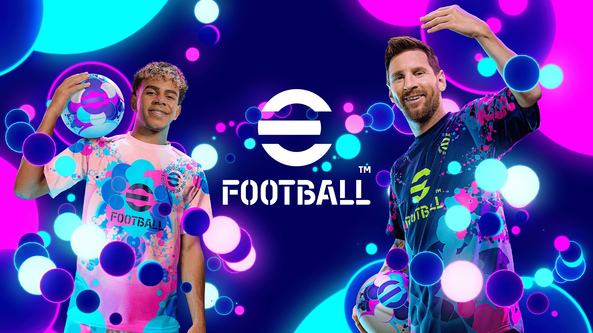 Promotional art for eFootball with two players holding balls against a colorful bubble background