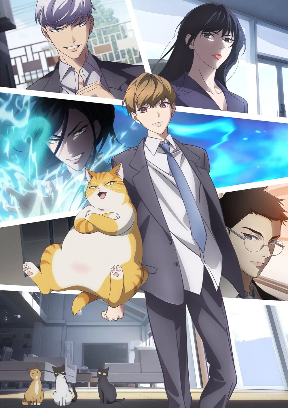 Key visual for the Eleceed anime: a brown-haired young man in a blue suit standing beside a plump orange cat, surrounded by other characters in comic-style panels