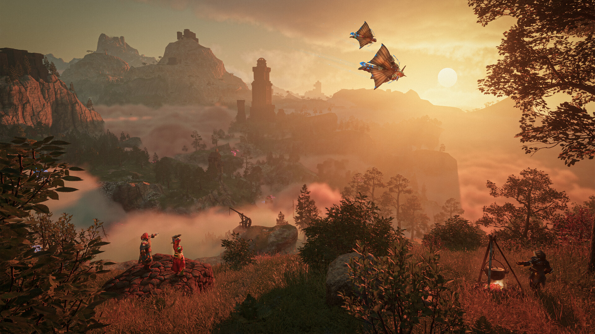 Two characters overlook a mist-covered valley at sunset as winged creatures fly above.