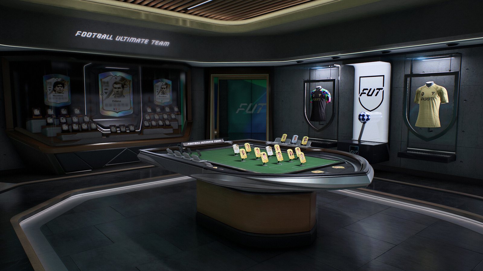The FUT Gallery room in Ultimate Team in FC 27 with a card table and jerseys
