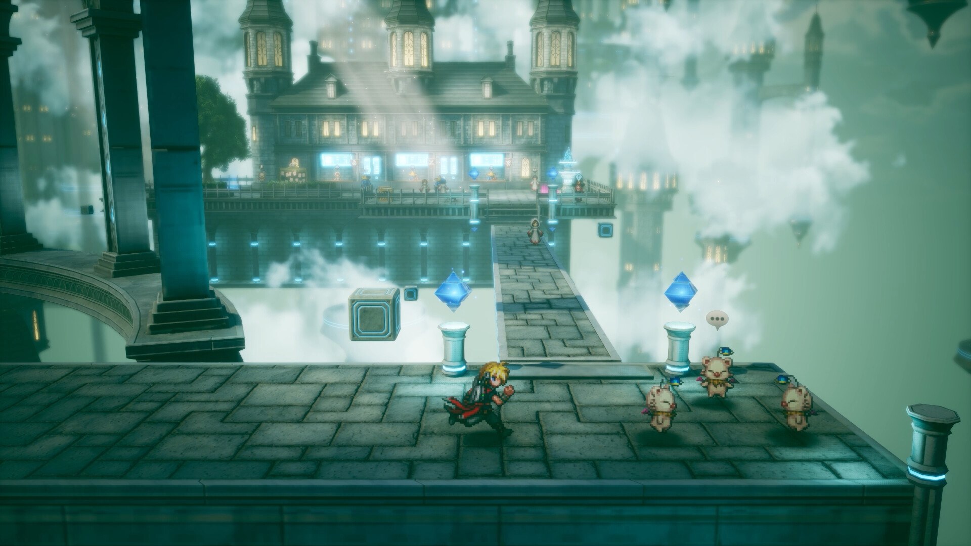 Town exploration on a floating island in a sea of clouds in Final Fantasy Resonance, a blond character in red running beside three moogles and two blue crystals