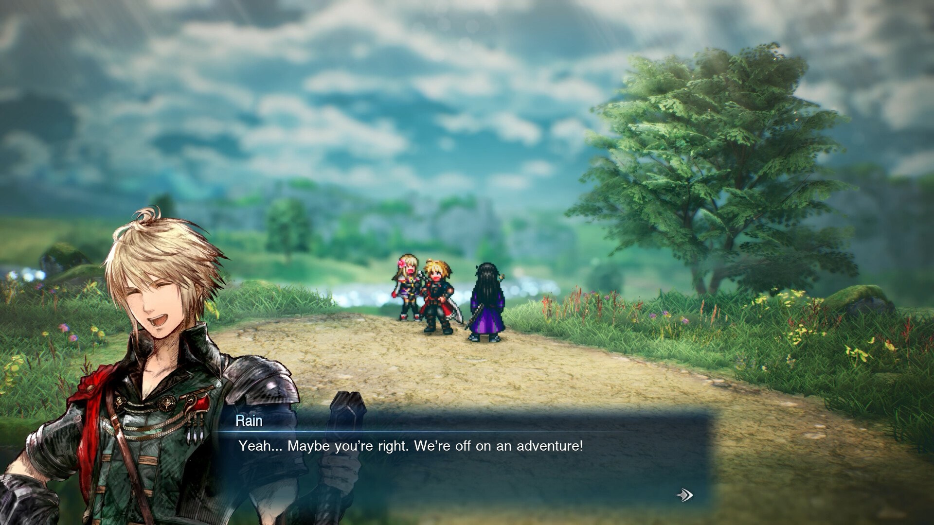 A dialogue scene in Final Fantasy Resonance, Rain with blond hair, green armor and a red scarf on the left with a dialogue box and three pixel characters on a grassy road