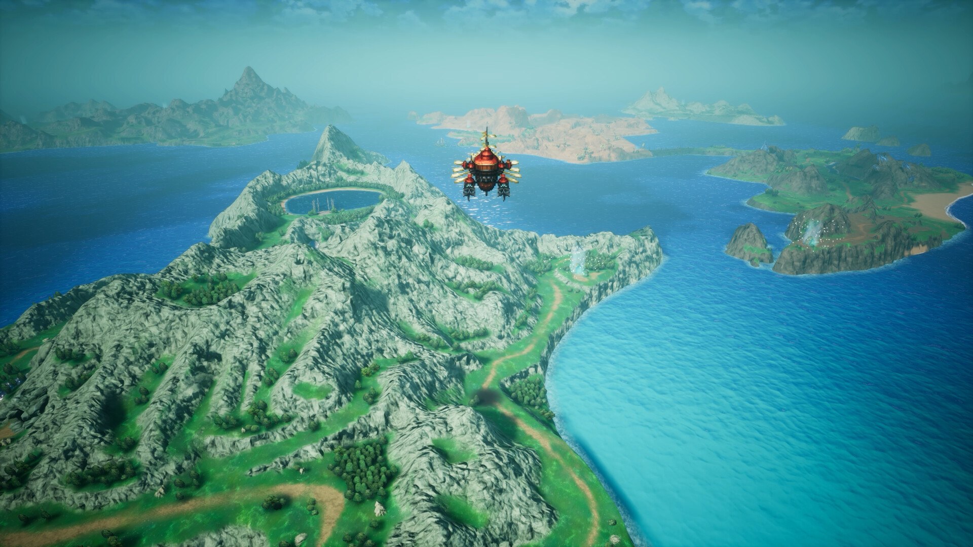 The overworld map seen from above in Final Fantasy Resonance, a red airship flying over green islands in the sea