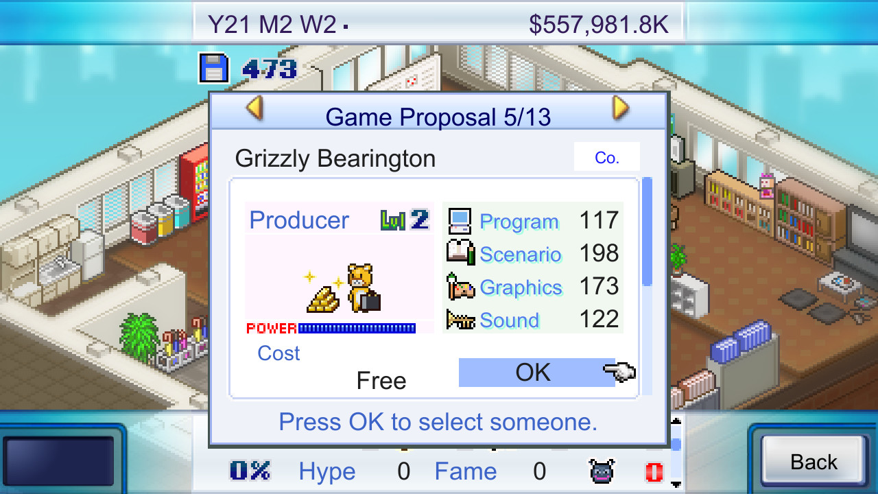 Màn Game Proposal trong Game Dev Story, hiện một nhân vật làm producer cấp 2 cùng bốn chỉ số lập trình, kịch bản, đồ họa và âm thanh