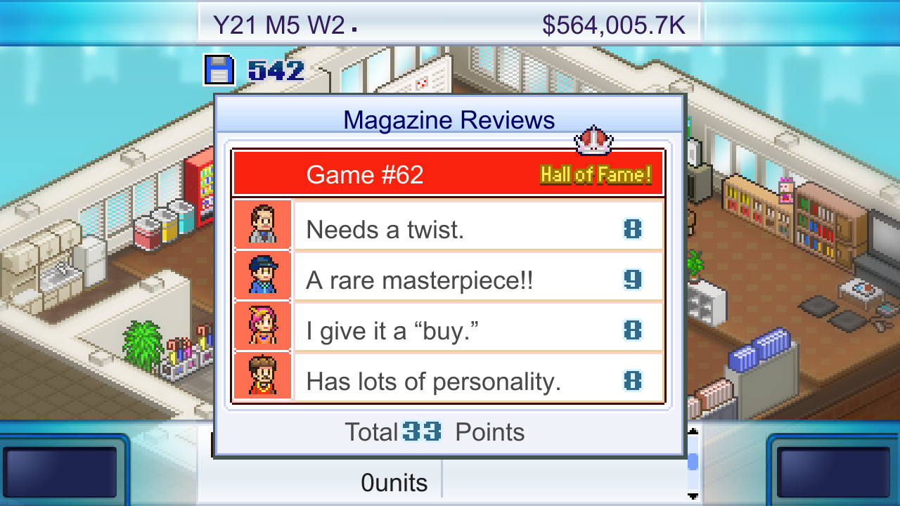 Màn Magazine Reviews trong Game Dev Story, bốn người đánh giá cho 8, 9, 8 và 8 điểm, tổng 33 điểm và nhãn Hall of Fame