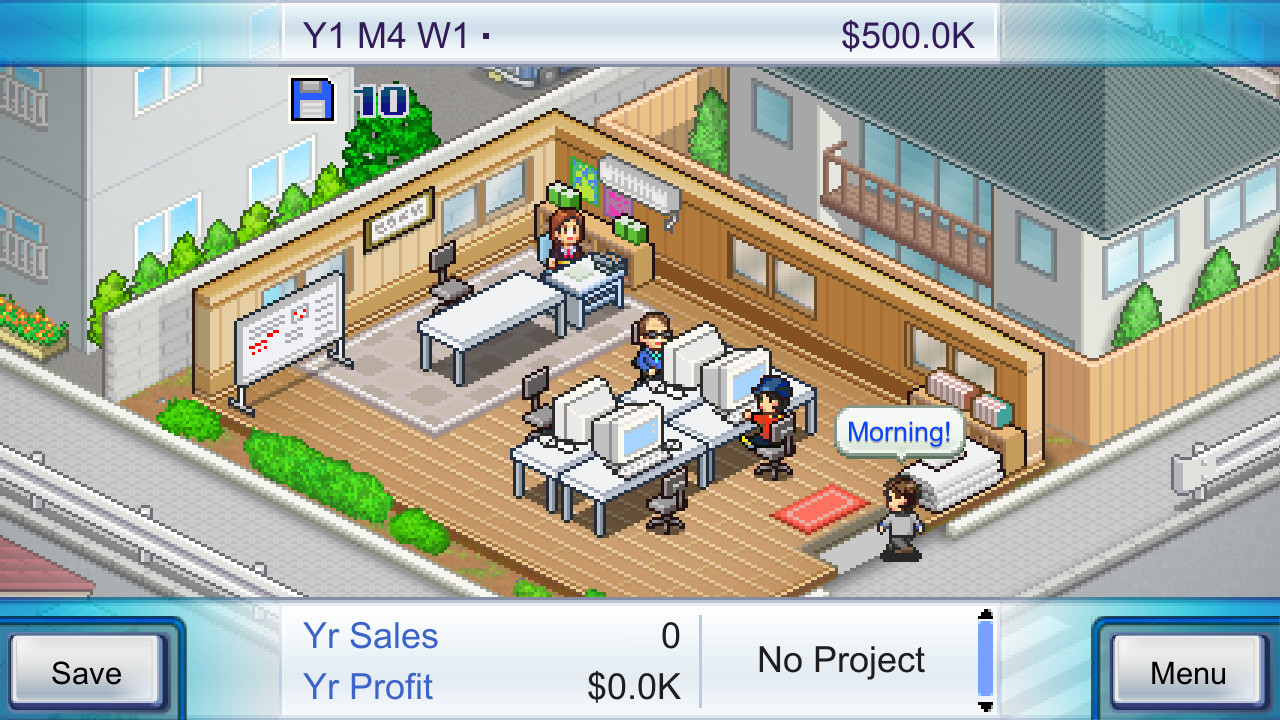 Văn phòng nhỏ ở đầu game Game Dev Story, vài chiếc bàn máy tính và một nhân vật chào buổi sáng