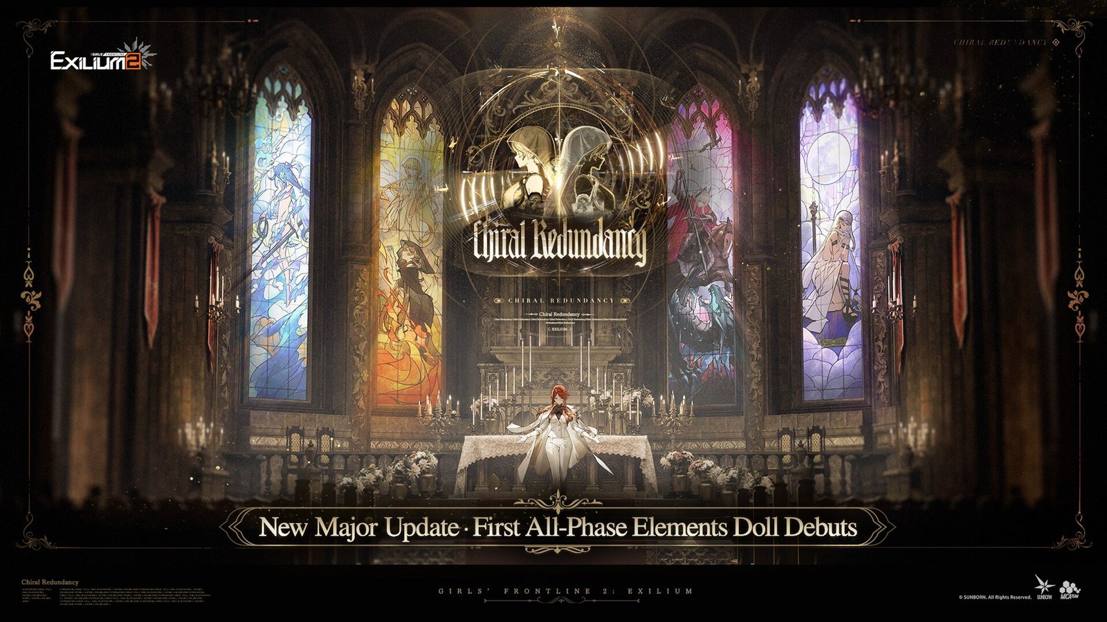 Update banner for Girls' Frontline 2: Exilium showing a stained-glass chapel