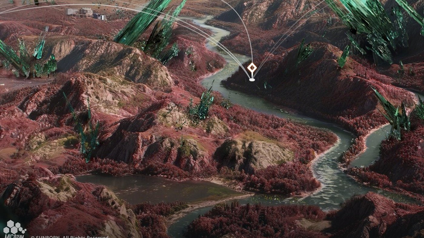 Ruined terrain with green crystal formations in Girls' Frontline 2: Exilium