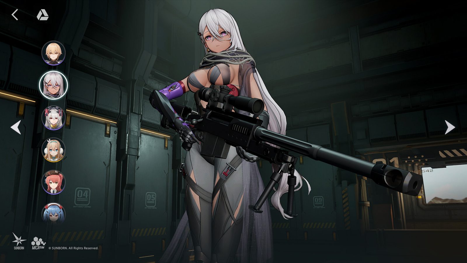 A silver-haired T-Doll with a sniper rifle on the showcase screen