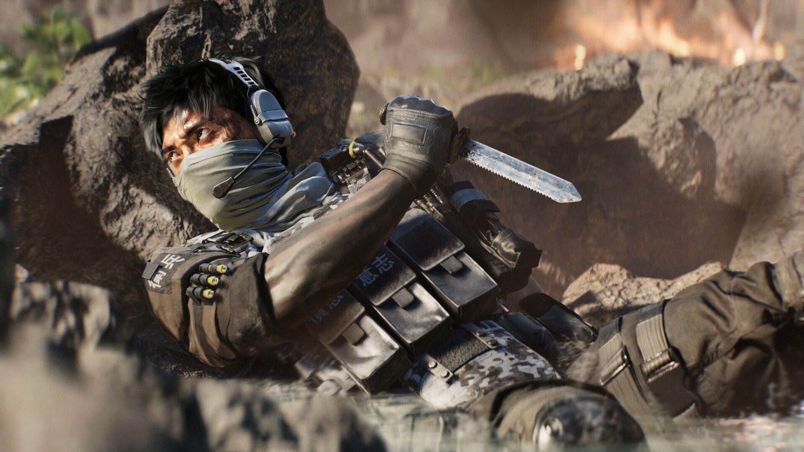 Người lính nấp sau tảng đá với con dao trong Battlefield 6