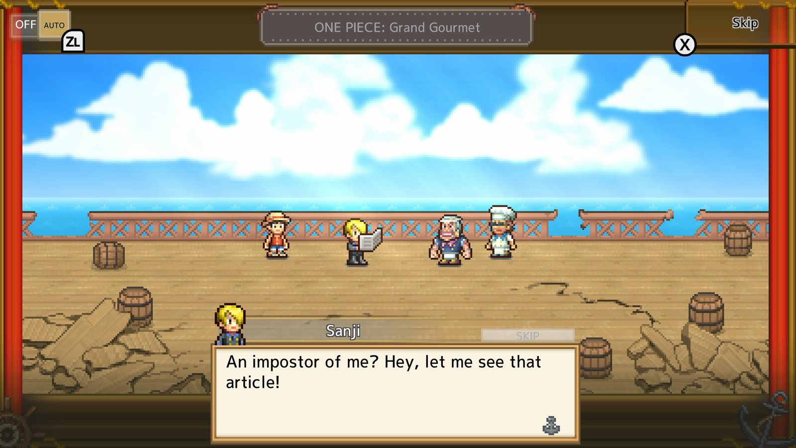 Sanji speaks on a ship deck with AUTO and Skip controls above