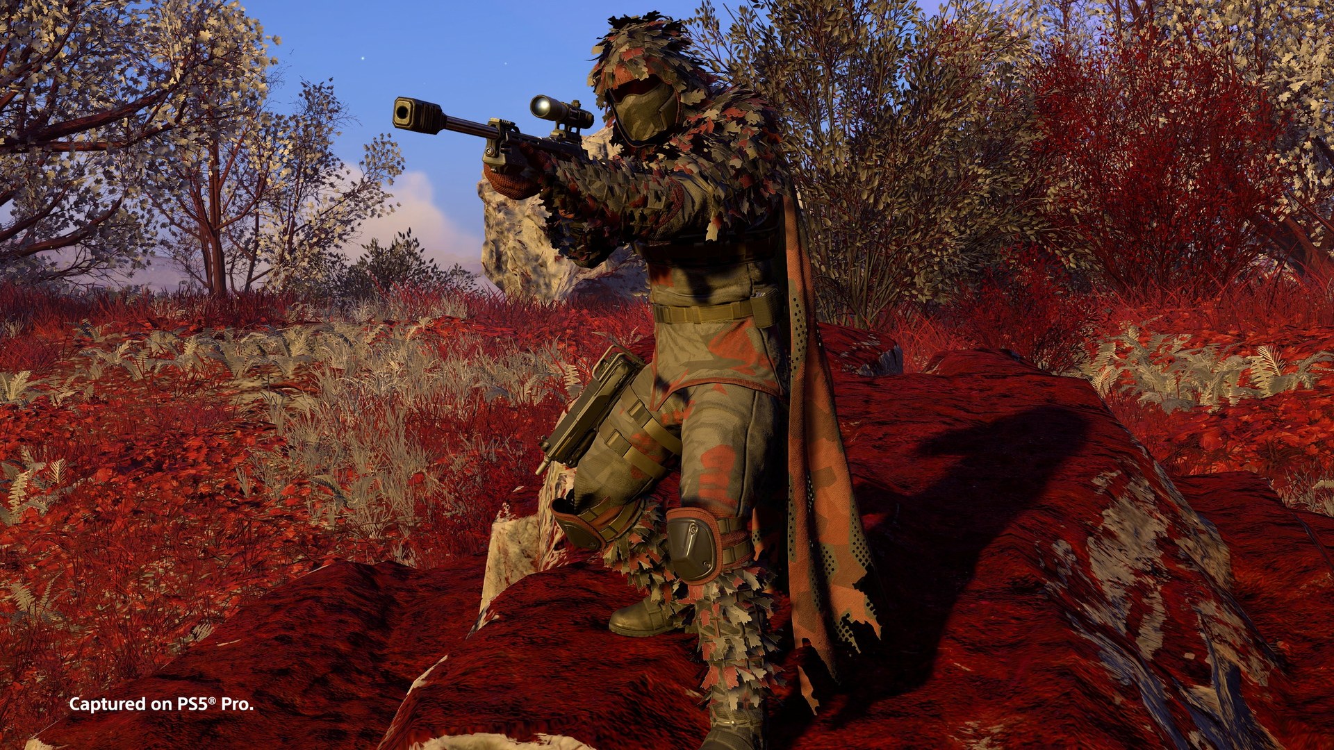 Một Helldiver mặc giáp ngụy trang ghillie đứng đặt chân lên tảng đá và cầm súng bắn tỉa giữa bụi cây đỏ dưới trời xanh
