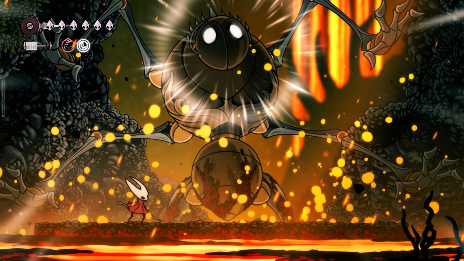 Hornet đối đầu một đối thủ khổng lồ nhiều chân giữa các tia lửa vàng cam trong Hollow Knight: Silksong