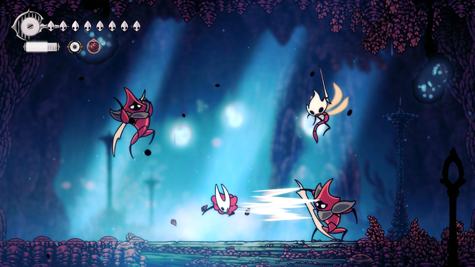 Hornet giữa ba đối thủ giáp đỏ cầm lưỡi liềm trong hang động ánh xanh ở Hollow Knight: Silksong