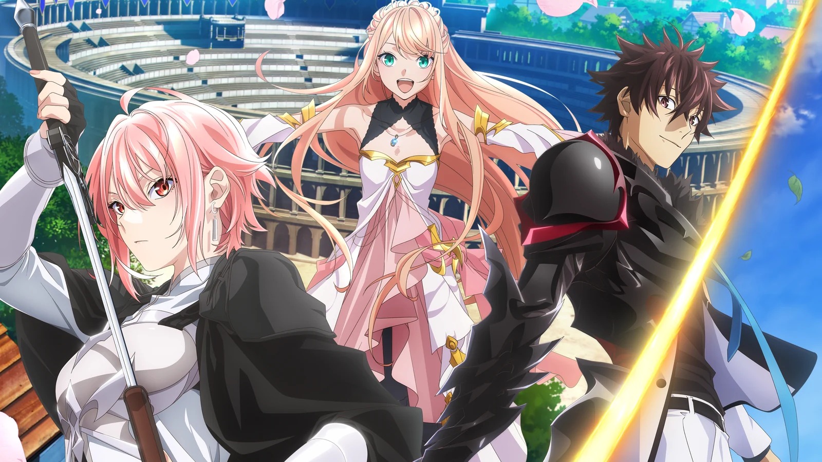 Yūya and two girls stand before an arena in the season two promotional visual