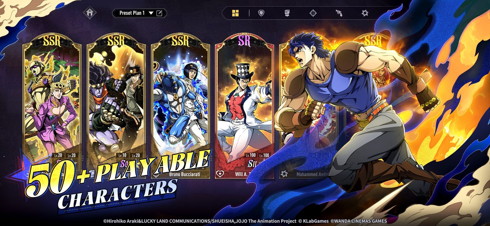 Team screen of JoJo's Bizarre Adventure: Golden Spirit showing SSR and SR character cards