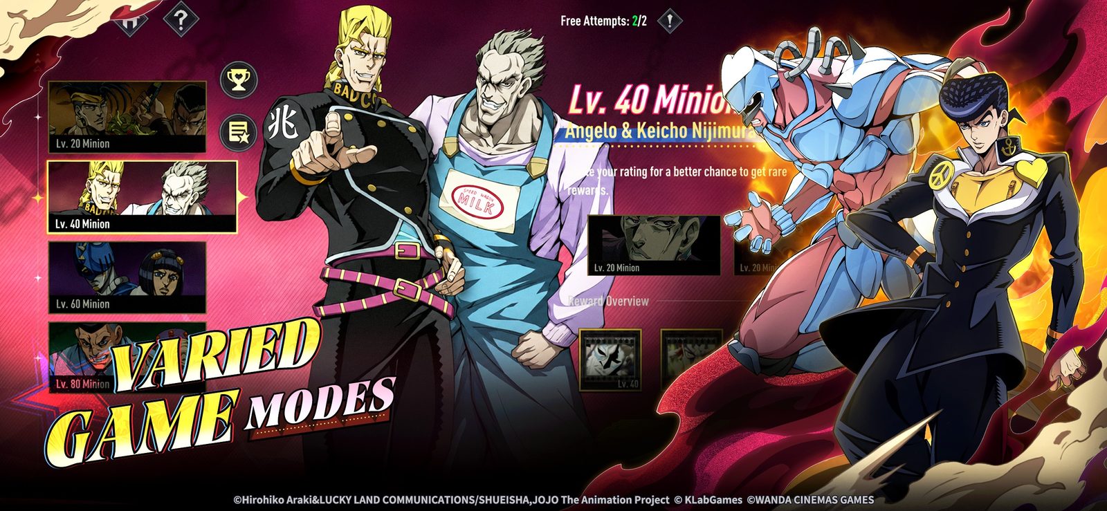 Challenge mode screen listing level 20, 40, 60 and 80 bosses in JoJo's Bizarre Adventure: Golden Spirit