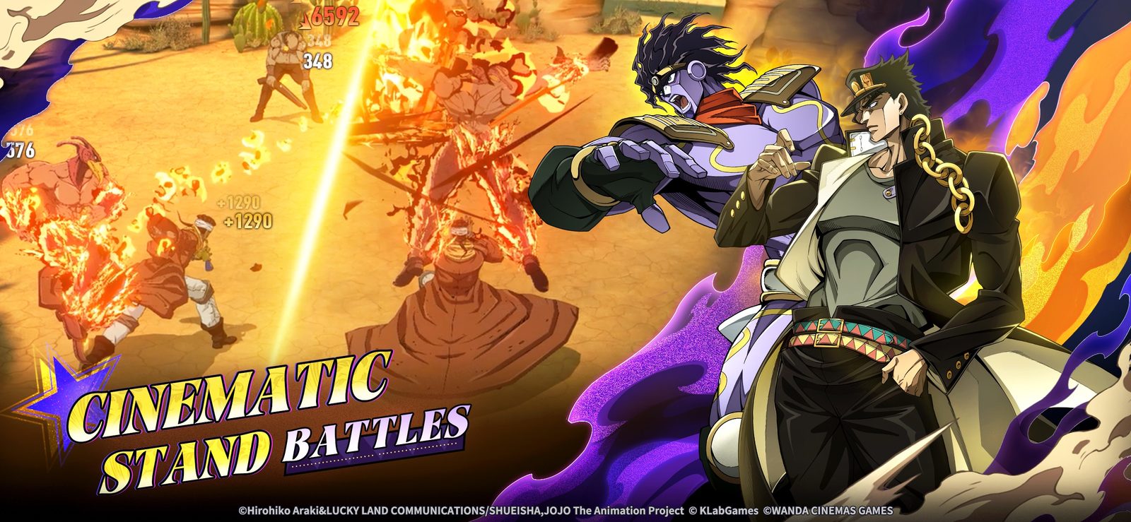 Jotaro Kujo and Star Platinum in front of a fiery desert battle in JoJo's Bizarre Adventure: Golden Spirit