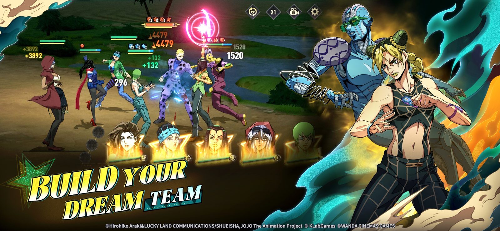 A team of characters fighting, with Jolyne Cujoh and Stone Free promo art, in JoJo's Bizarre Adventure: Golden Spirit