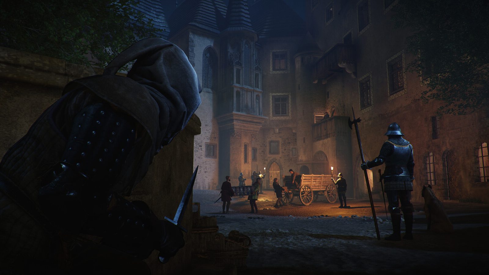 Kingdom Come: Deliverance II gameplay: lẻn qua lính canh trong thành phố ban đêm