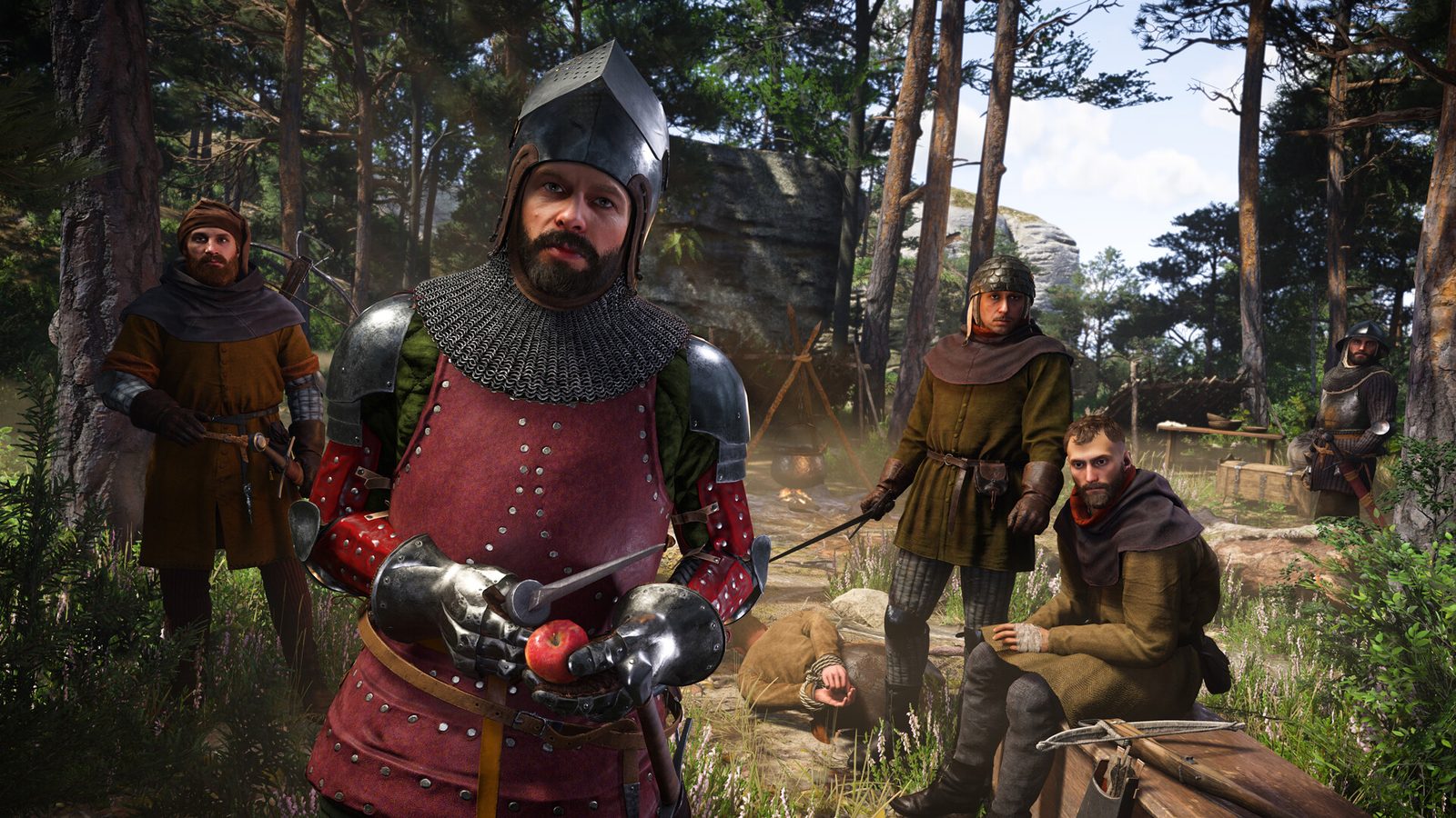 Kingdom Come: Deliverance II gameplay: một nhóm lính và dân thường dọc đường rừng Bohemia