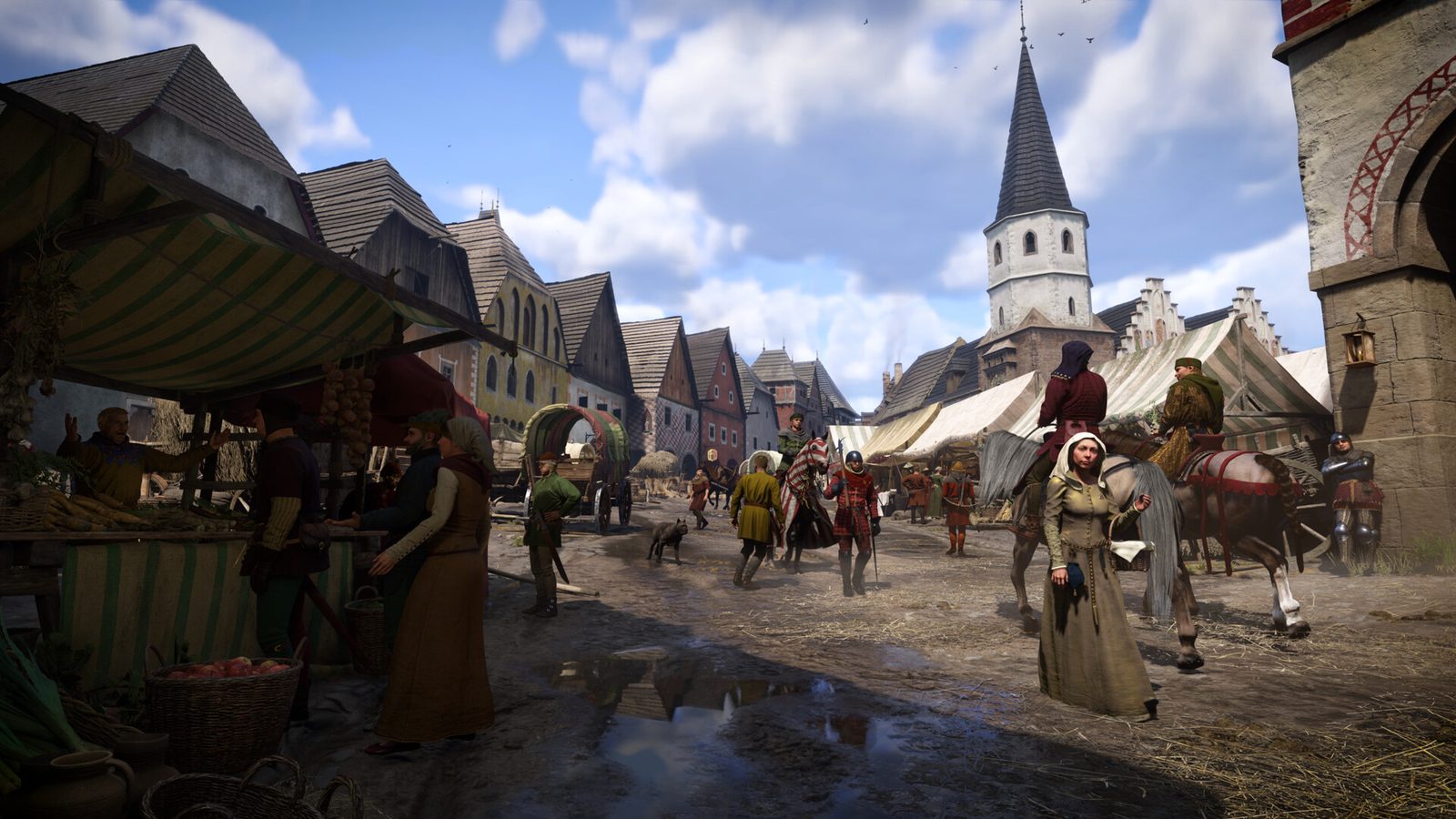 Kingdom Come: Deliverance II gameplay: phố chợ trong thị trấn, tháp nhà thờ ở phía sau