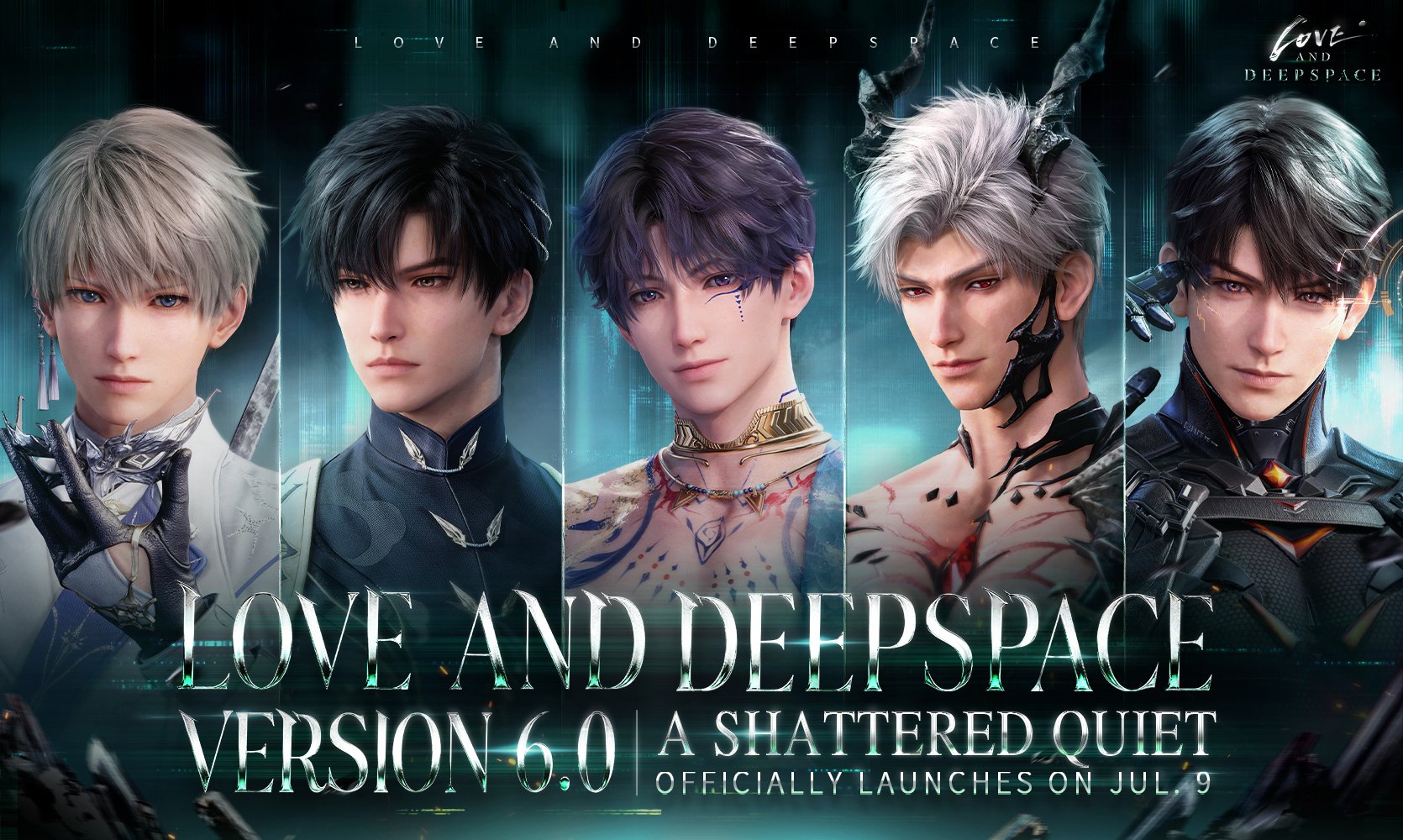 The five male leads of Love and Deepspace in promotional art for version 6.0