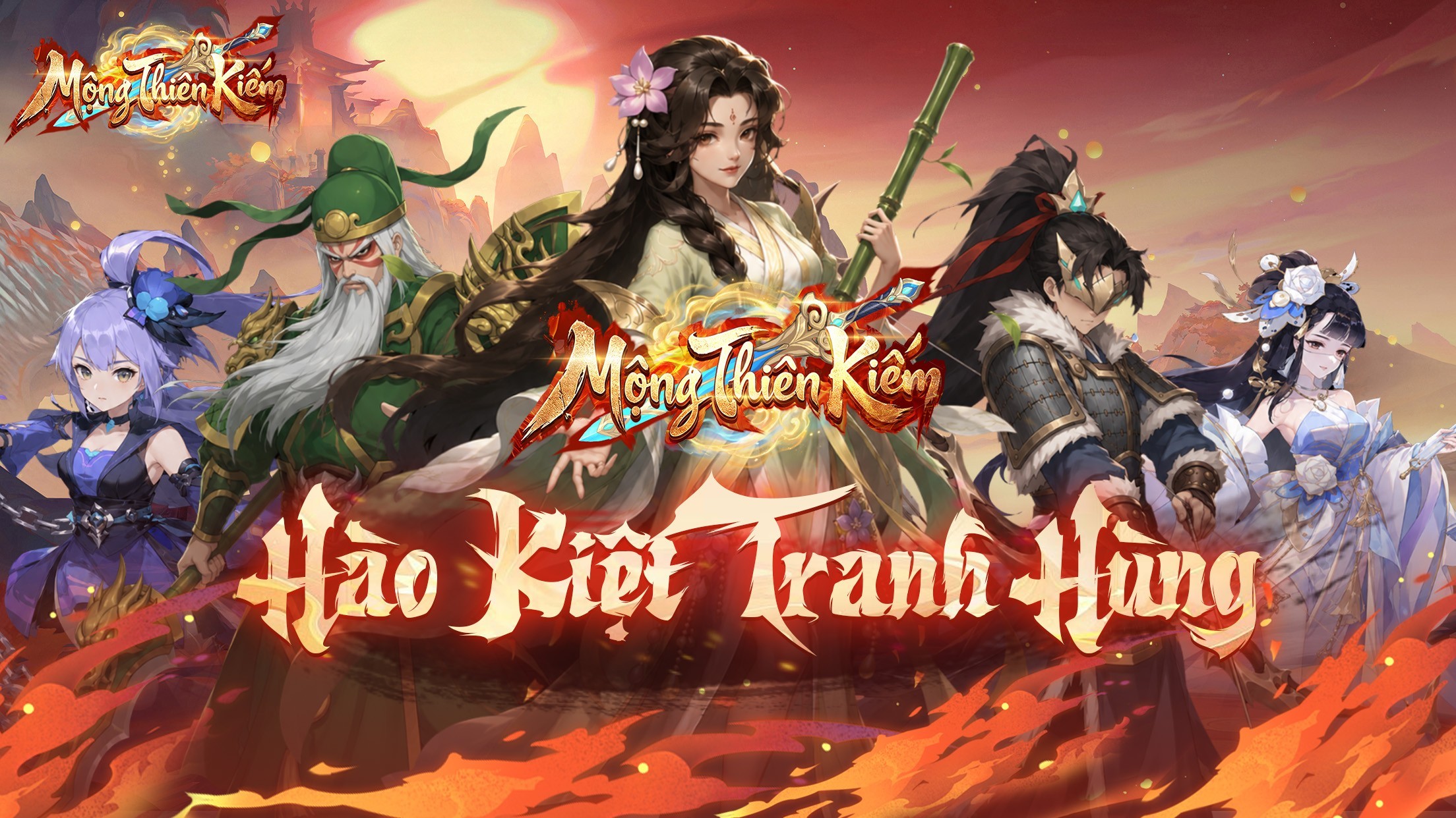 Mộng Thiên Kiếm promotional art with heroes and generals against a fiery background and the text Hào Kiệt Tranh Hùng