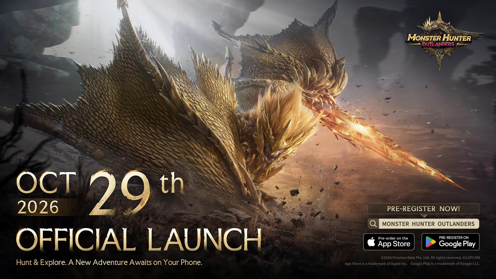 Hình quảng bá Monster Hunter Outlanders với quái vật và ngày ra mắt 29/10