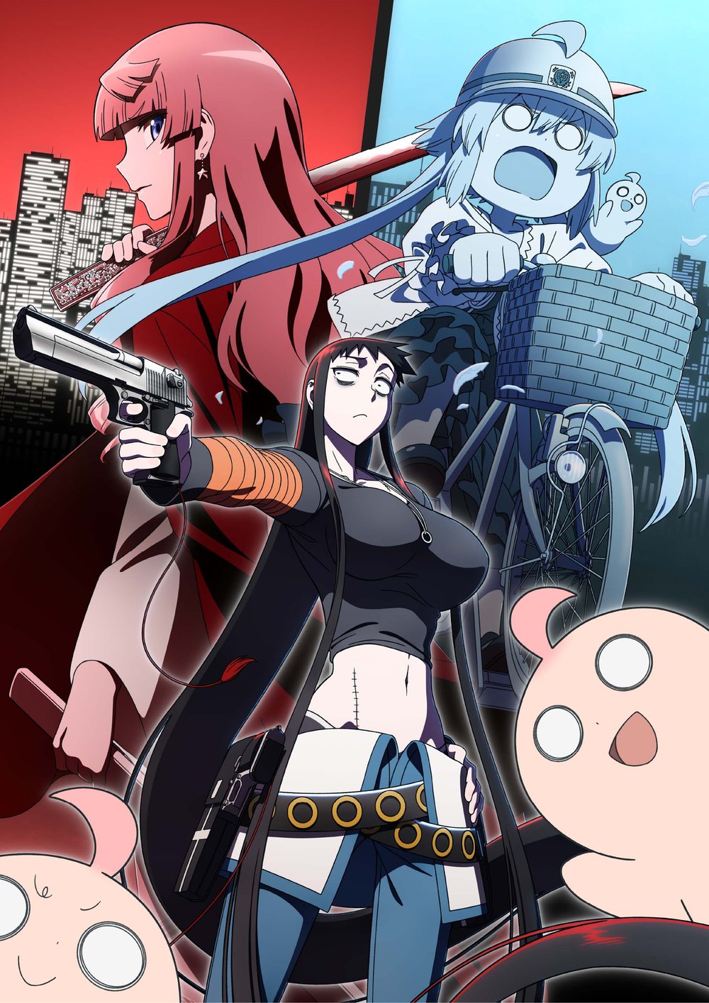 Hình quảng bá teaser của anime Murciélago: nữ nhân vật tóc đen cầm súng ở giữa, một cô tóc đỏ vác gậy bóng chày phía sau và một cô đội mũ bảo hiểm đạp xe, trên nền thành phố đỏ và xanh