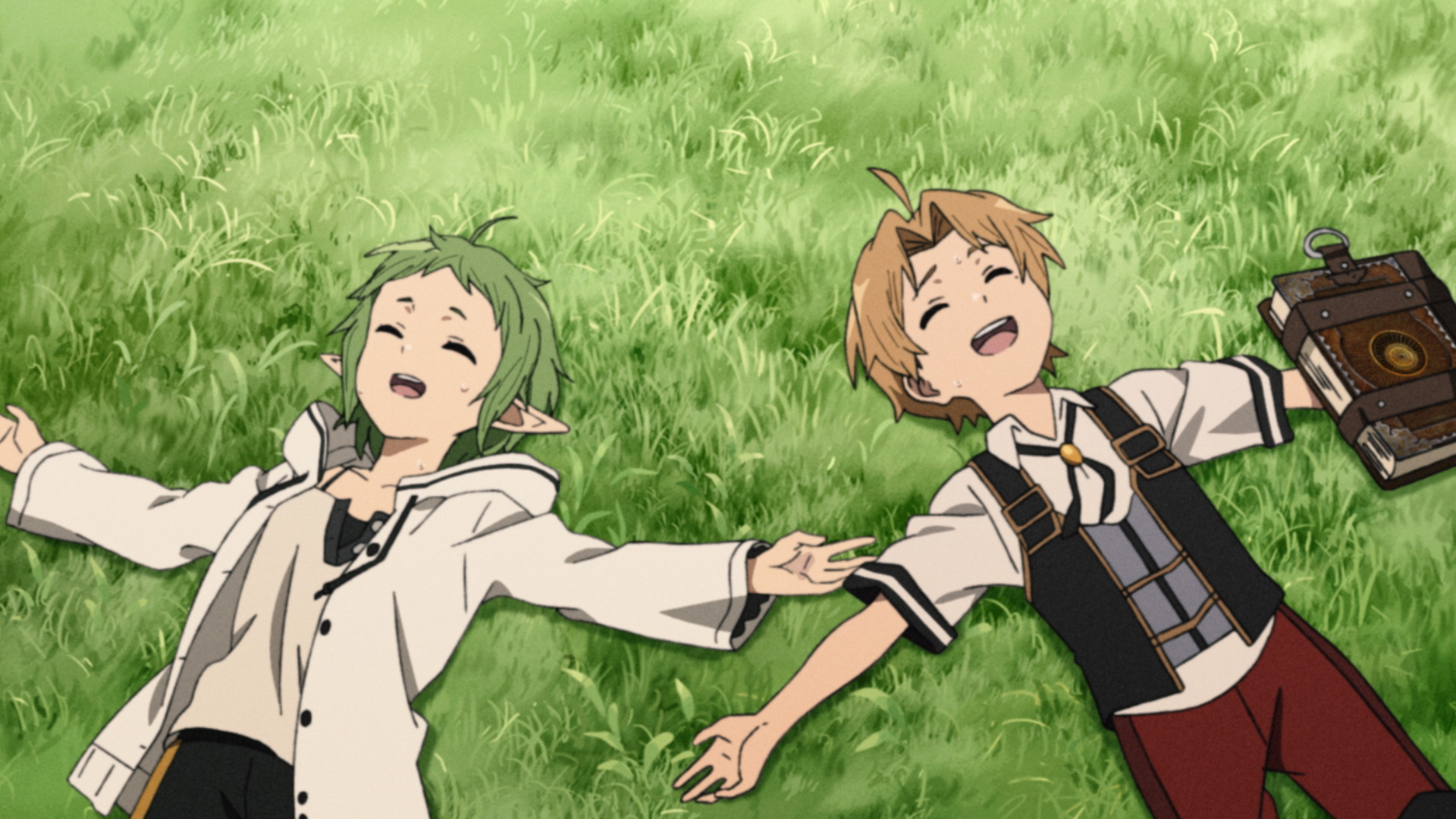 Sylphie and Rudeus lying on the grass in season one episode 3.