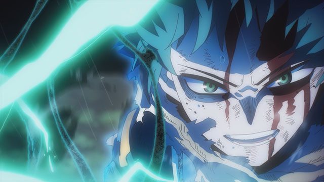 Deku đầy vết thương với tia sét xanh One For All bao quanh trong My Hero Academia Final Season