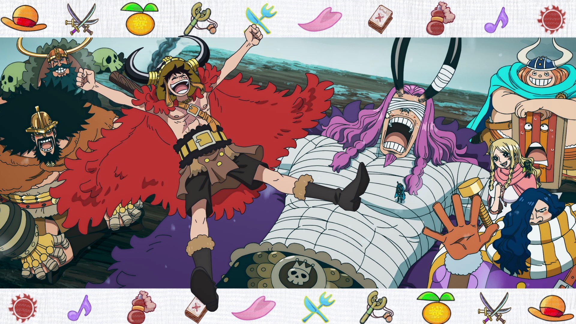 Luffy with the Elbaph giants in the One Piece episode 1180 end card