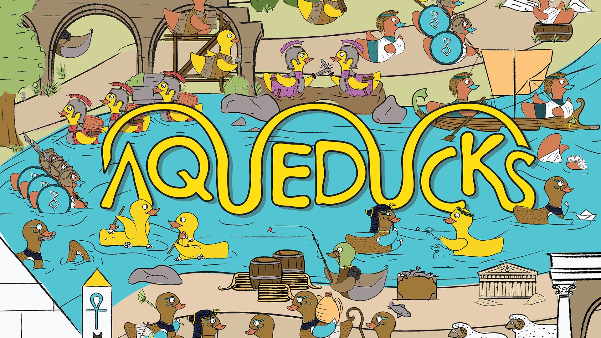 Illustration for the card game Aqueducks, ducks in Roman armor and rubber ducks swimming in a blue river around an aqueduct