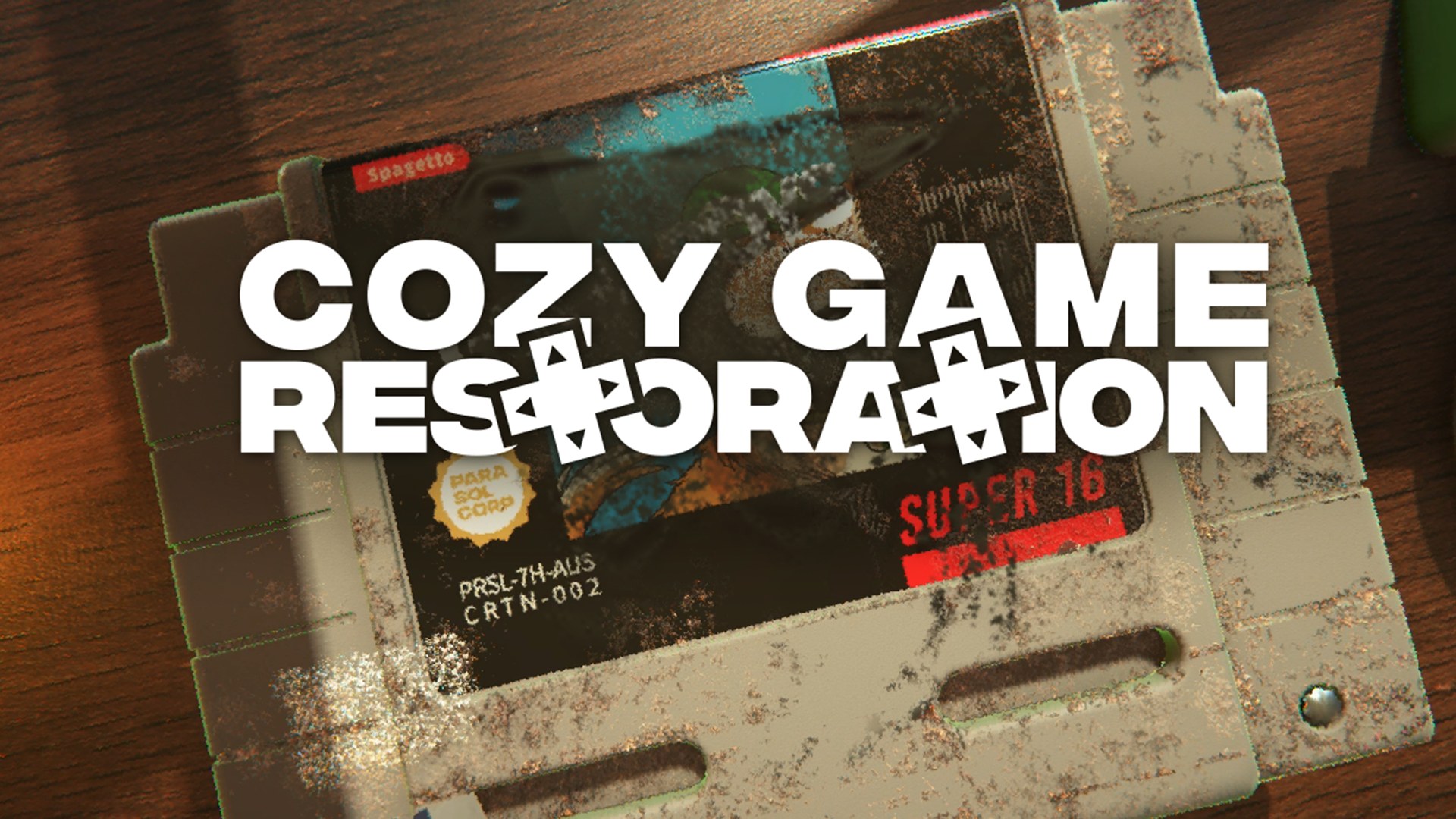 Promotional art for Cozy Game Restoration, a dusty old game cartridge on a wooden table with the words Cozy Game Restoration