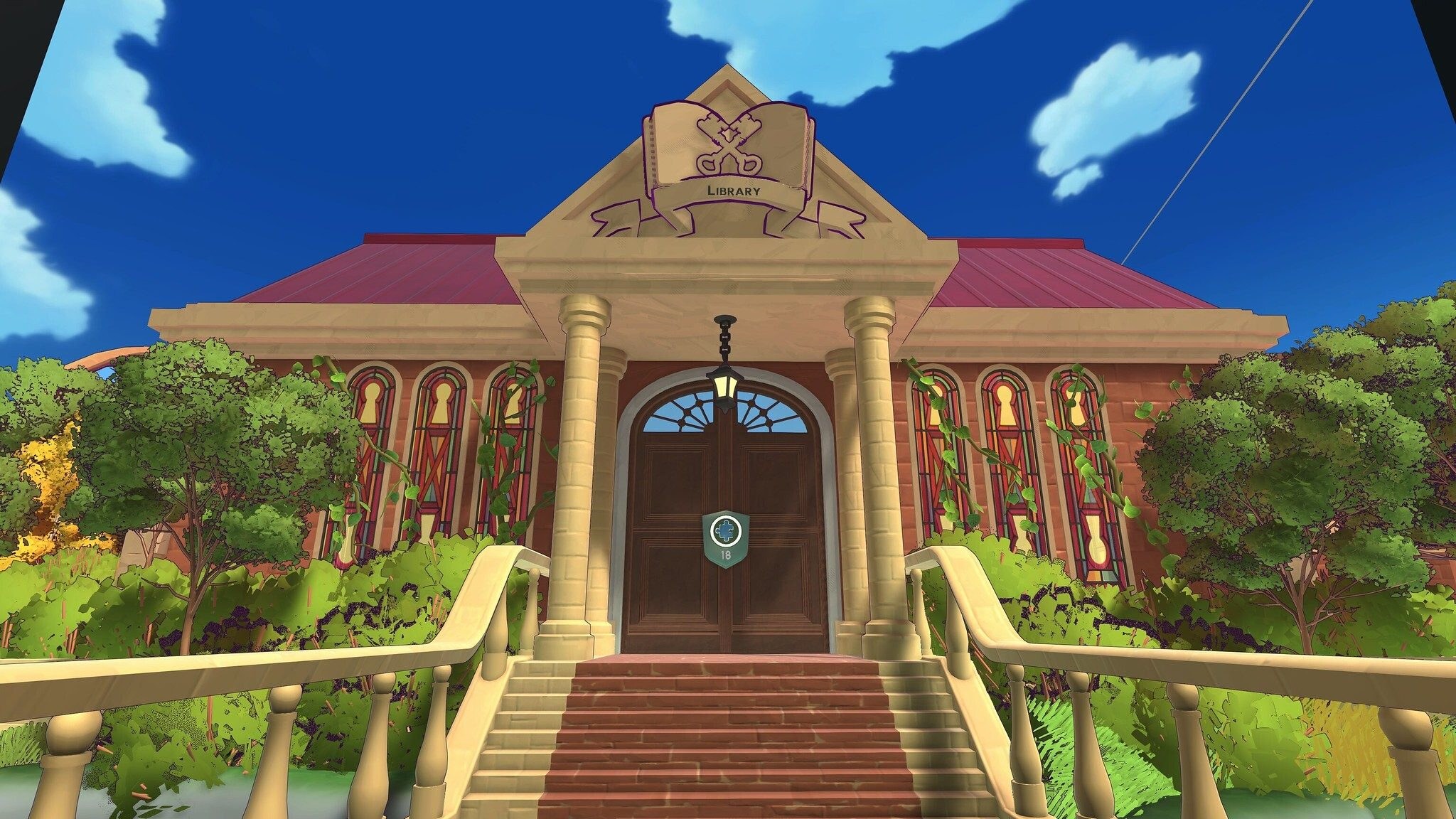 An in-game screenshot of Peak, the front of a red brick building labeled Library with stone columns, steps and a wooden door under a blue sky